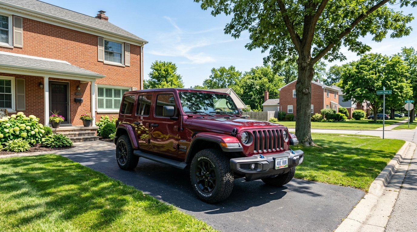 A maroon Jeep Wrangler parked on an asphalt driveway in front of a red brick two-story house.