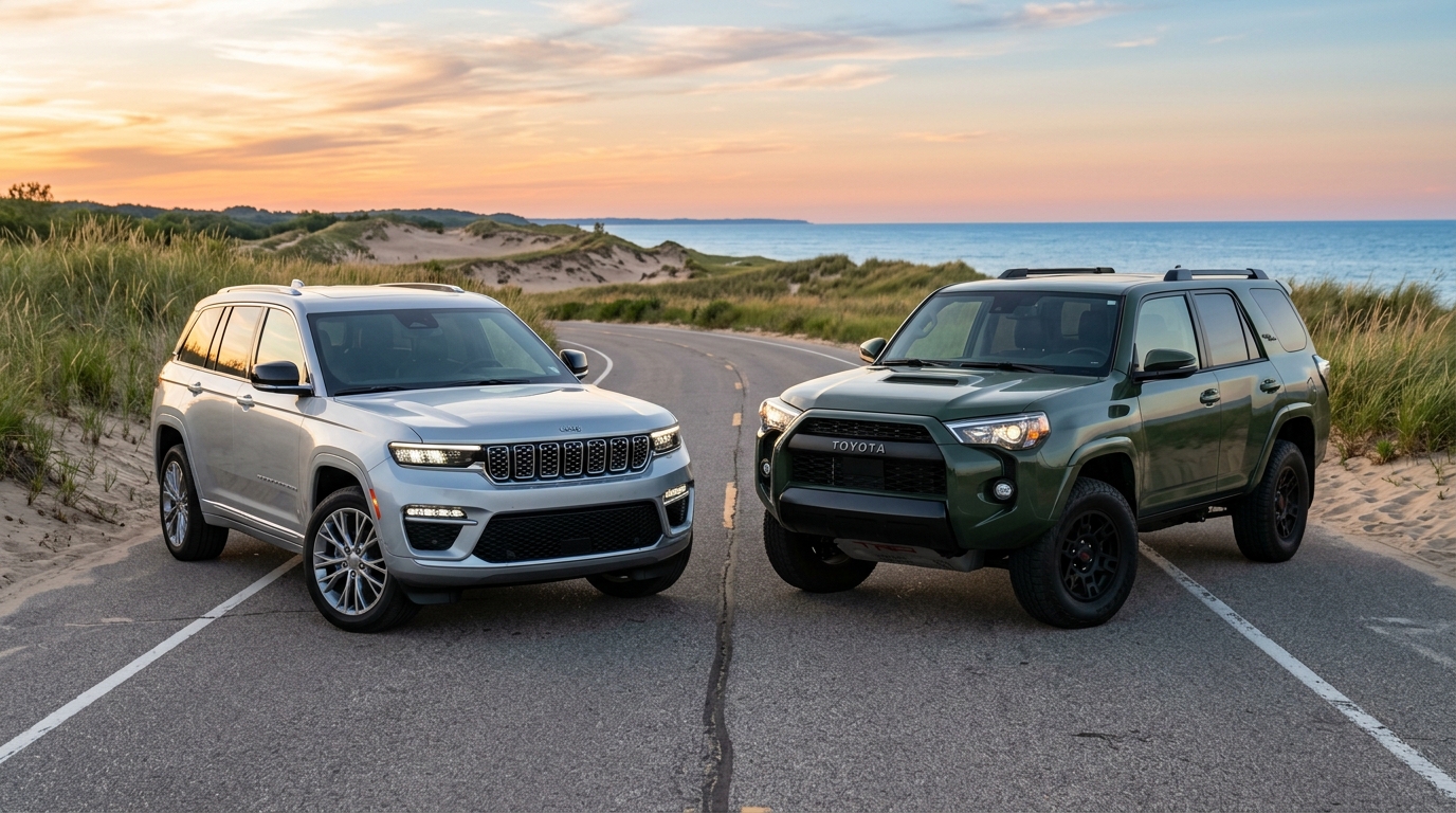 A silver Jeep Grand Cherokee and a green Toyota 4Runner parked on a coastal road at sunset.