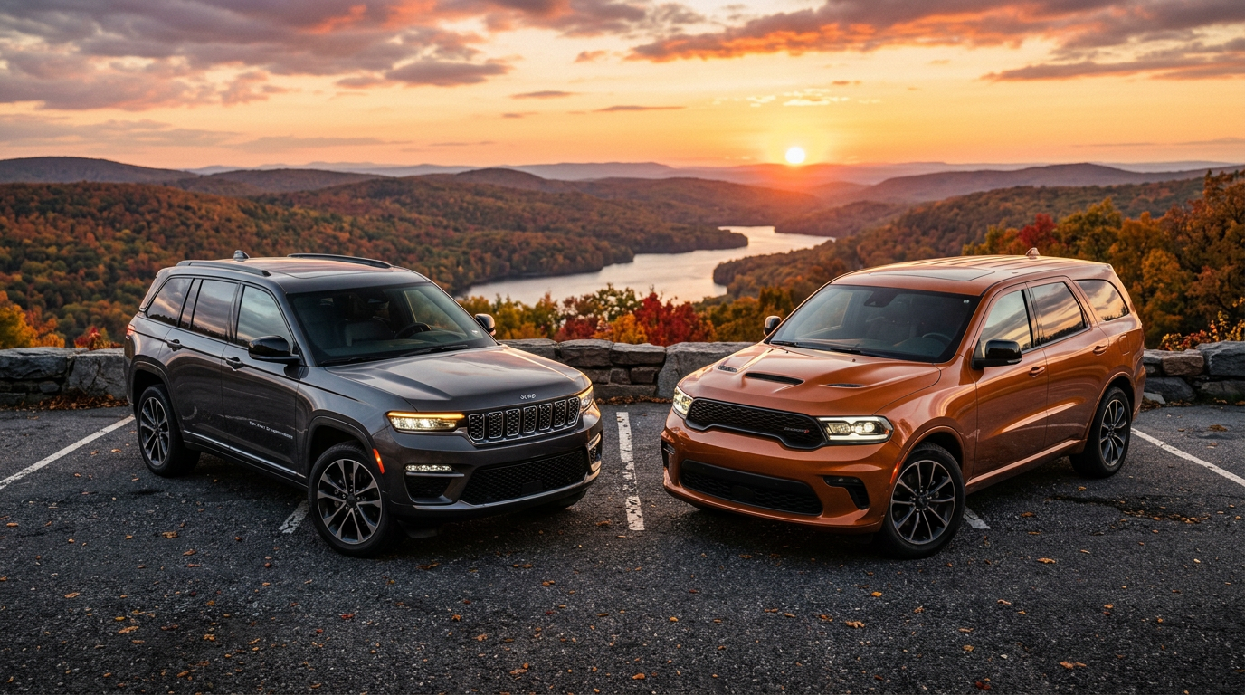 A gray Jeep Grand Cherokee and an orange Dodge Durango parked side by side overlooking a scenic mountain lake at sunset. (Representative image for illustration purposes only. Actual vehicle may vary based on trim and configuration.)