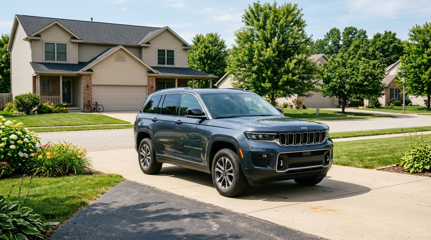 A modern slate gray Jeep Grand Cherokee parked on a concrete driveway in a quiet suburban neighborhood. (Representative image for illustration purposes only. Actual vehicle may vary based on trim and configuration.)
