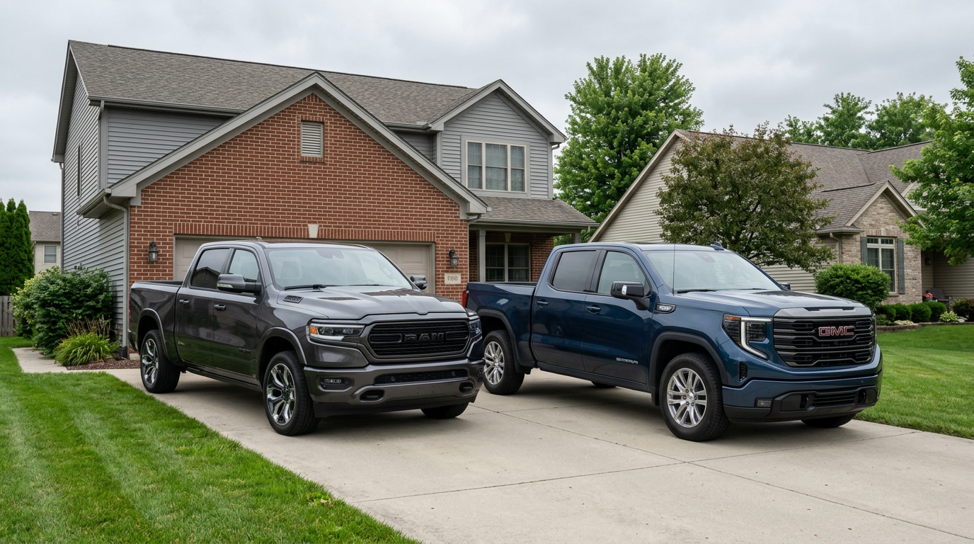 A gray Ram 1500 truck and a blue GMC Sierra truck parked side-by-side in a suburban driveway. (Representative image for illustration purposes only. Actual vehicle may vary based on trim and configuration.)