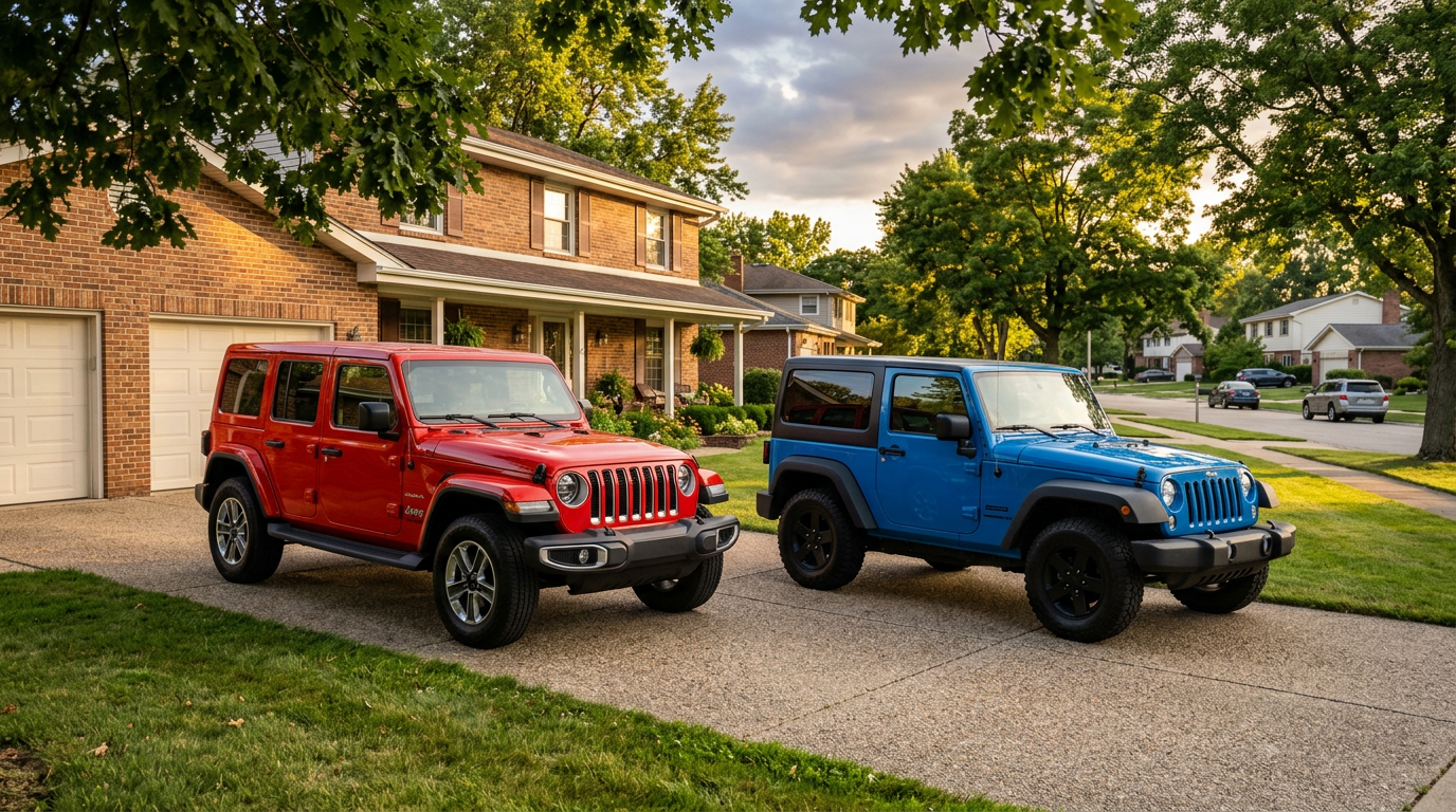 A red four-door Jeep Wrangler and a blue two-door Jeep Wrangler parked in a suburban driveway. (Representative image for illustration purposes only. Actual vehicle may vary based on trim and configuration.)