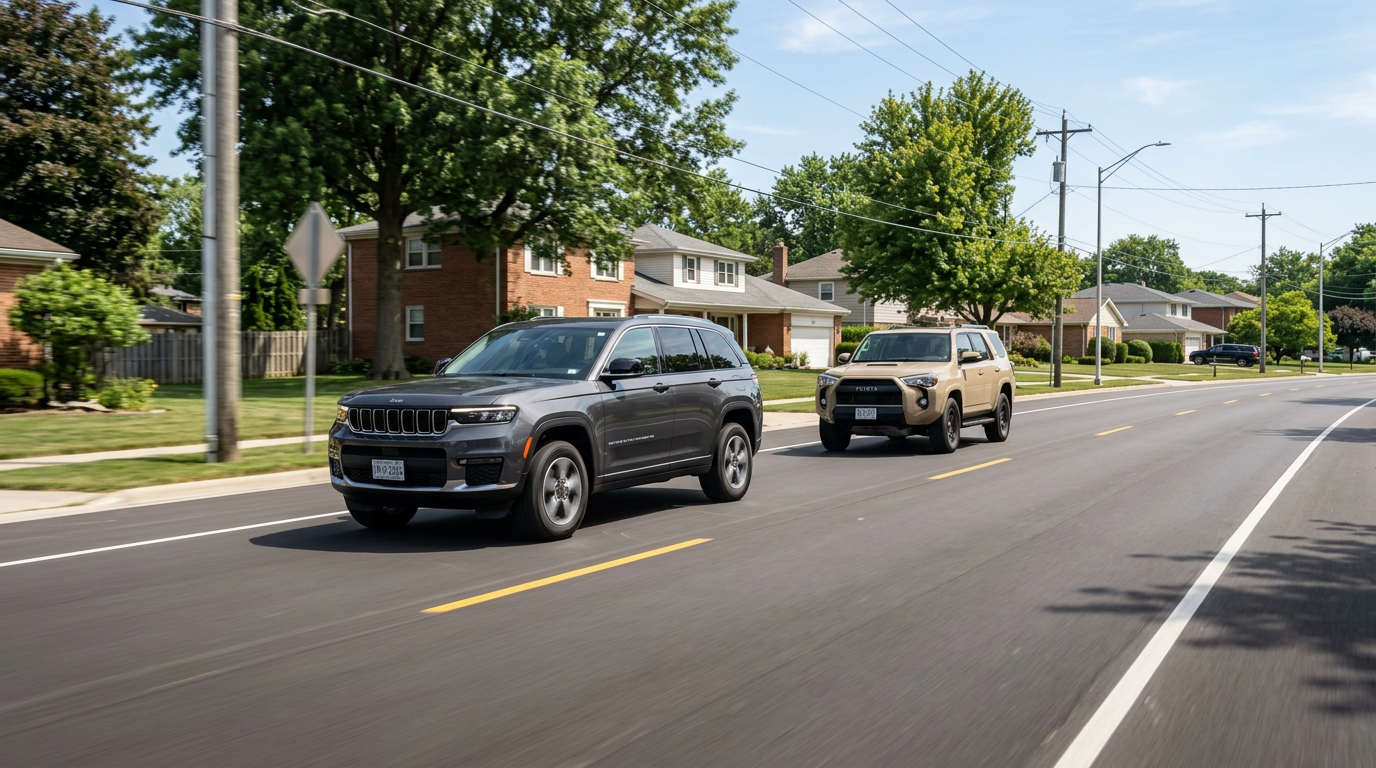 A gray Jeep Grand Cherokee L and a tan Toyota 4Runner driving down a suburban street on a sunny day. (Representative image for illustration purposes only. Actual vehicle may vary based on trim and configuration.)