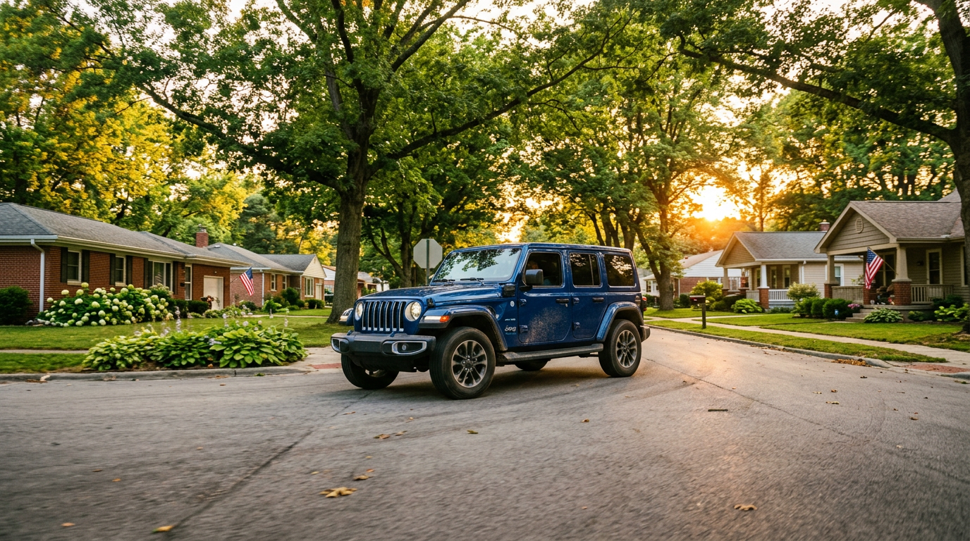A blue Jeep Wrangler driving down a tree-lined residential street during a golden hour sunset. (Representative image for illustration purposes only. Actual vehicle may vary based on trim and configuration.)