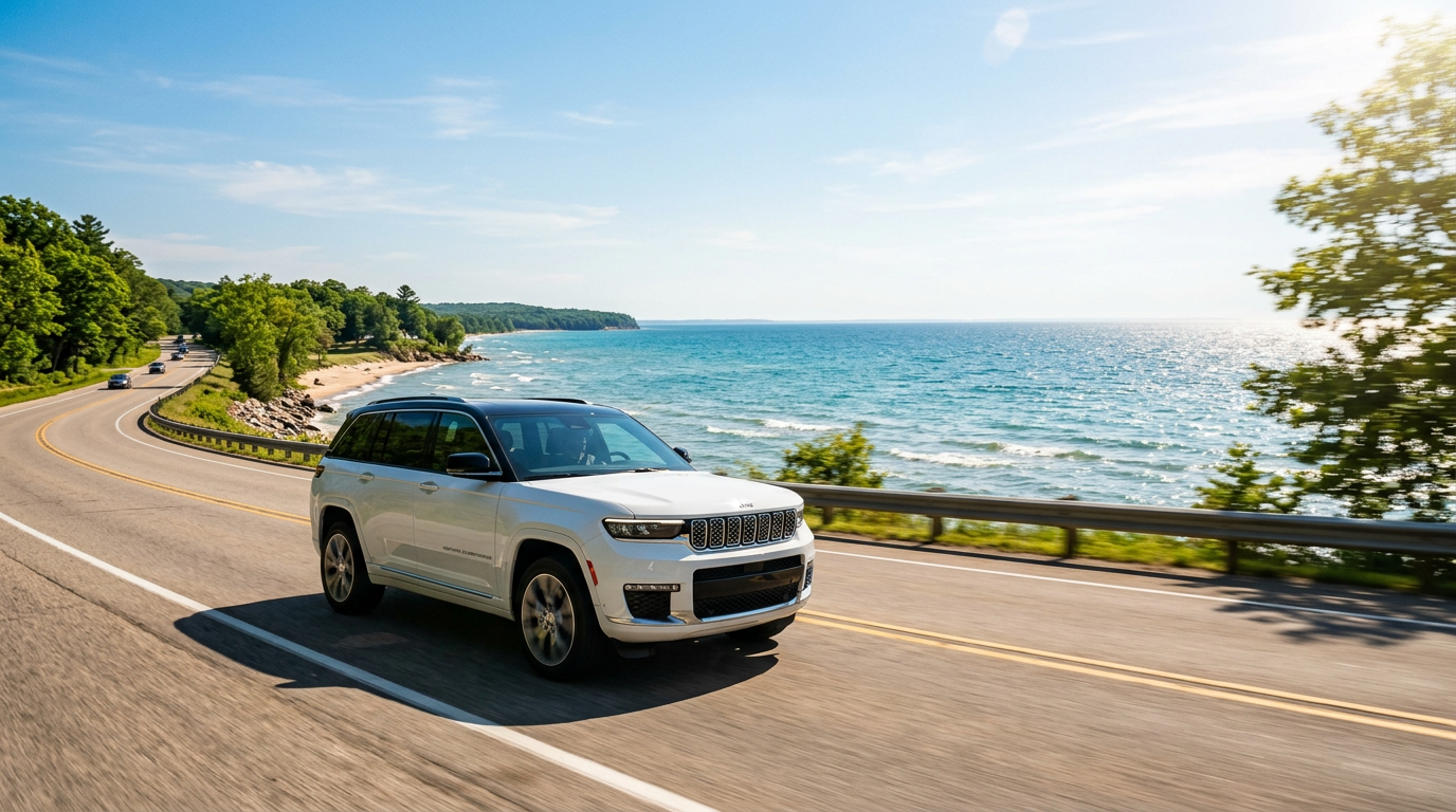 A white Jeep Grand Cherokee driving on a scenic coastal highway next to a blue lake on a sunny day. (Representative image for illustration purposes only. Actual vehicle may vary based on trim and configuration.)