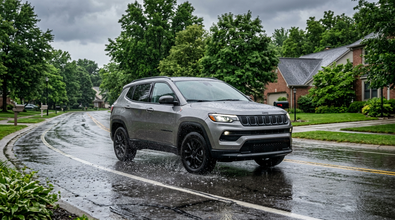 A silver Jeep Compass driving through water on a wet, rainy suburban street. (Representative image for illustration purposes only. Actual vehicle may vary based on trim and configuration.)