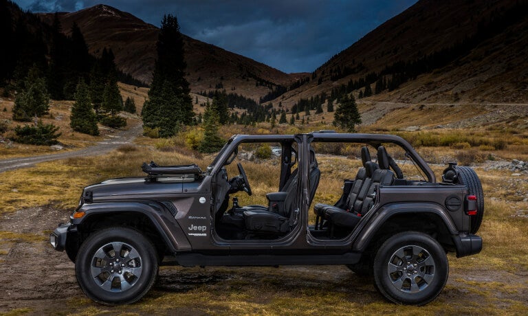 2022 Jeep Wrangler Exterior Parked By Mountains With Doors Removed